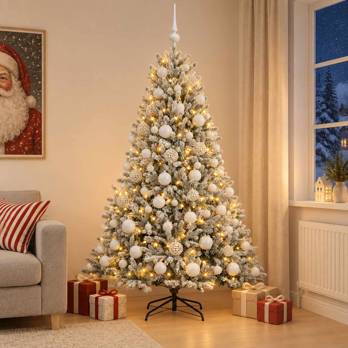 Műkarácsonyfa gömbbel 210 cm 300 LED Meleg fehér PVC és fém
