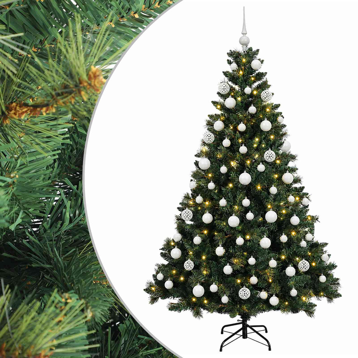 Műfenyő gömbökkel 180 cm 300 LED Meleg fehér PVC és fém Zöld