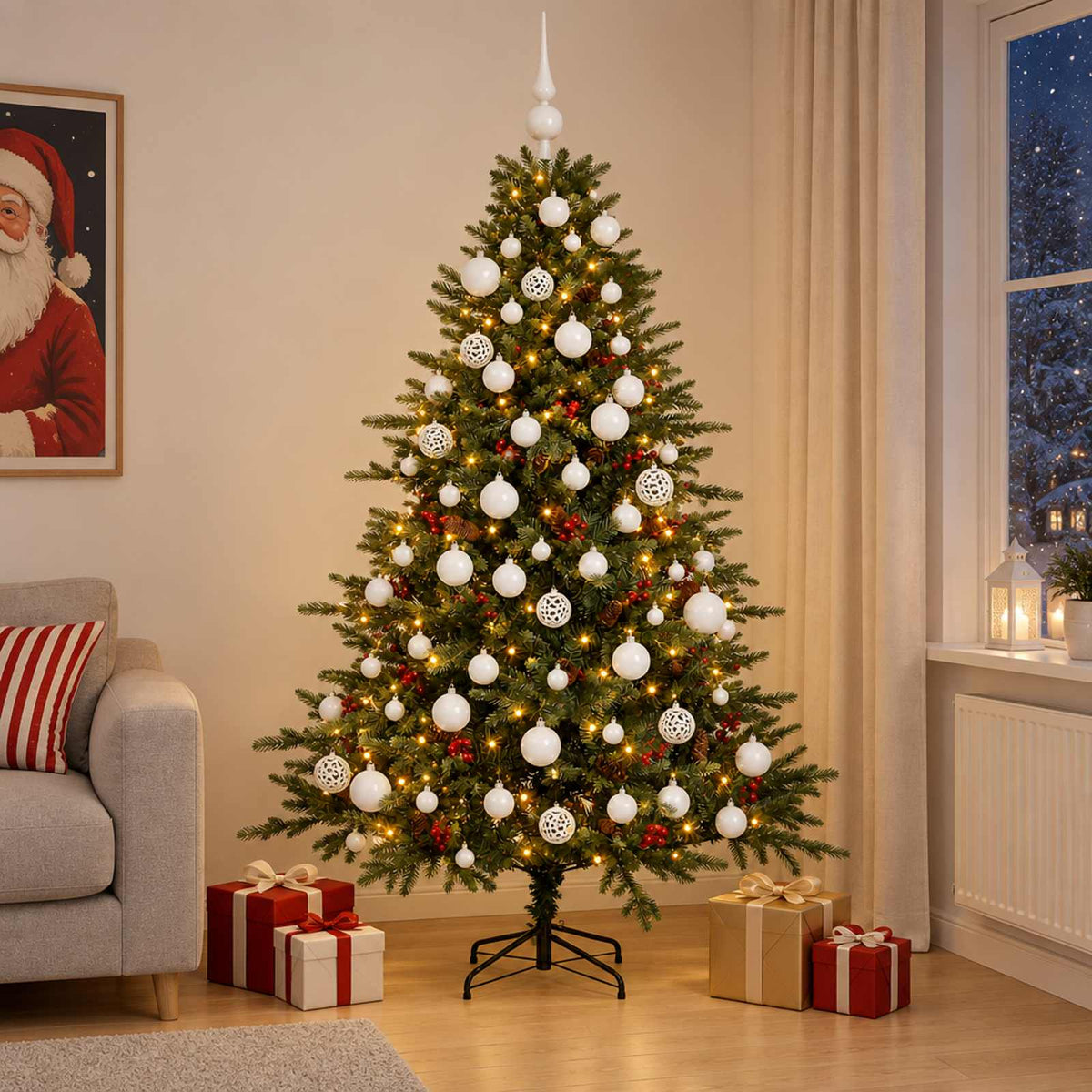 Műkarácsonyfa gömbbel 210 cm 300 LED Meleg fehér PVC és fém