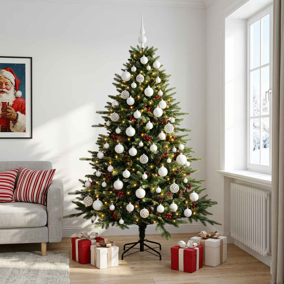 Műkarácsonyfa gömbbel 210 cm 300 LED Meleg fehér PVC és fém