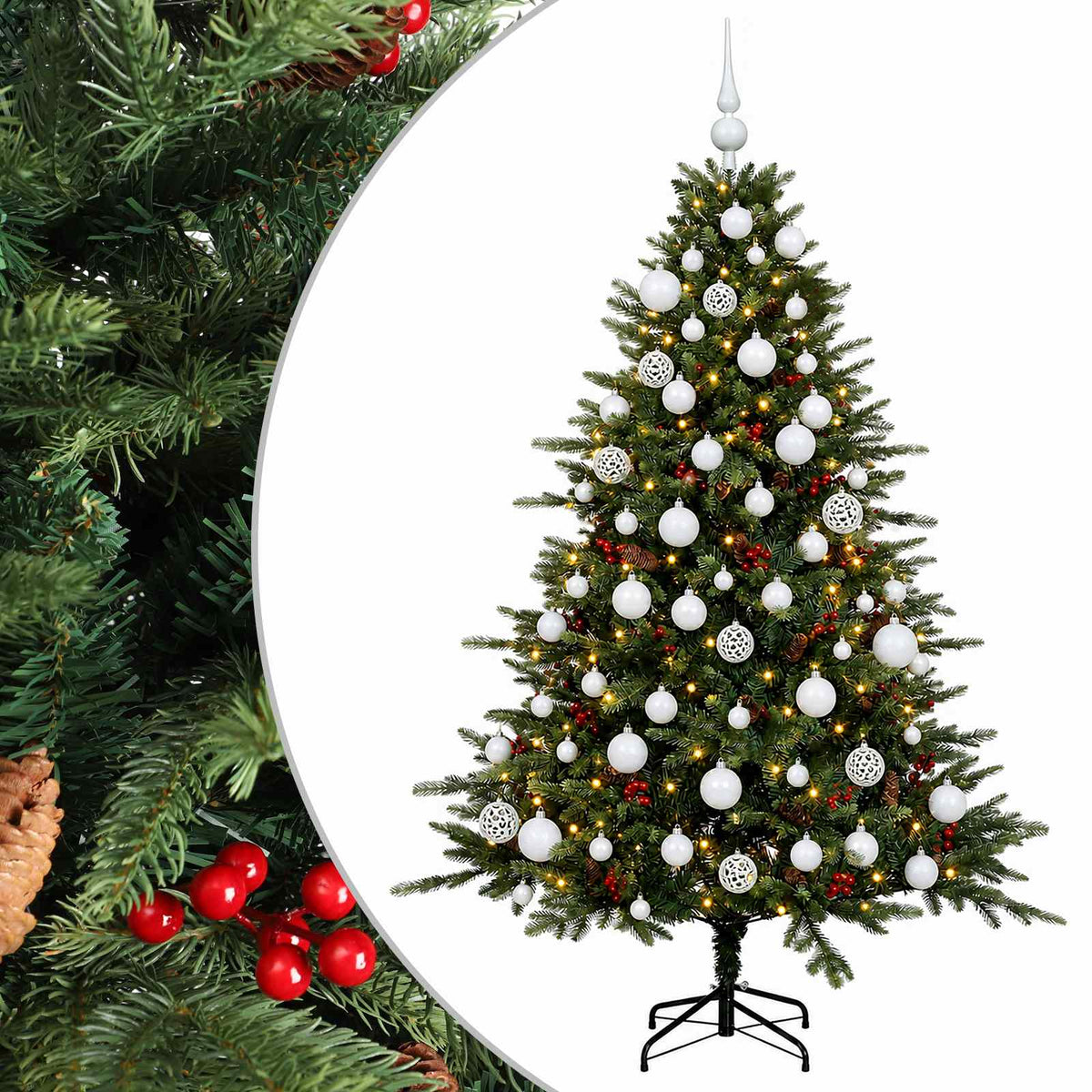 Műkarácsonyfa gömbbel 210 cm 300 LED Meleg fehér PVC és fém