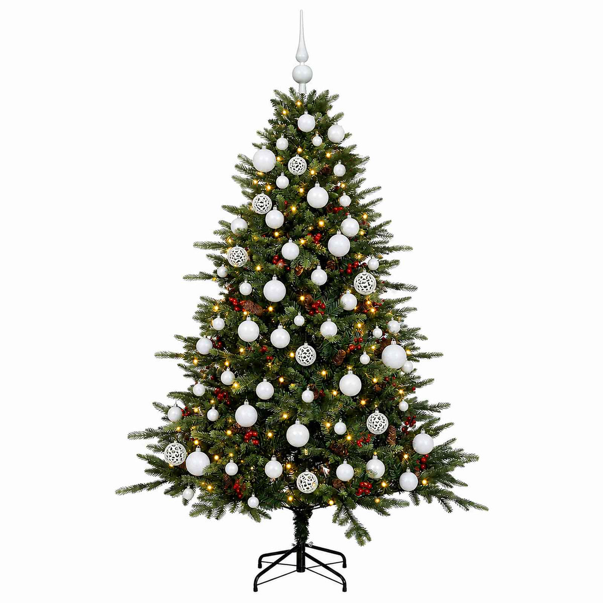 Műkarácsonyfa gömbbel 210 cm 300 LED Meleg fehér PVC és fém