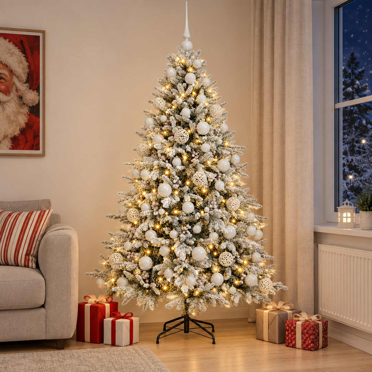 Műkarácsonyfa gömbbel 180 cm 300 LED Meleg fehér PVC és fém