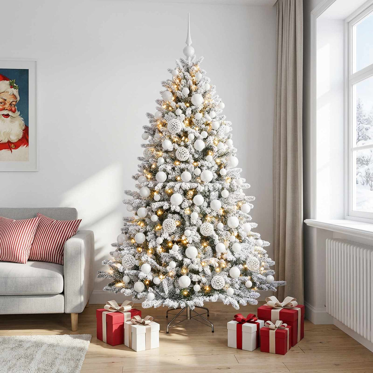 Műfenyő gömbökkel 210 cm 300 LED Meleg fehér PVC és fém