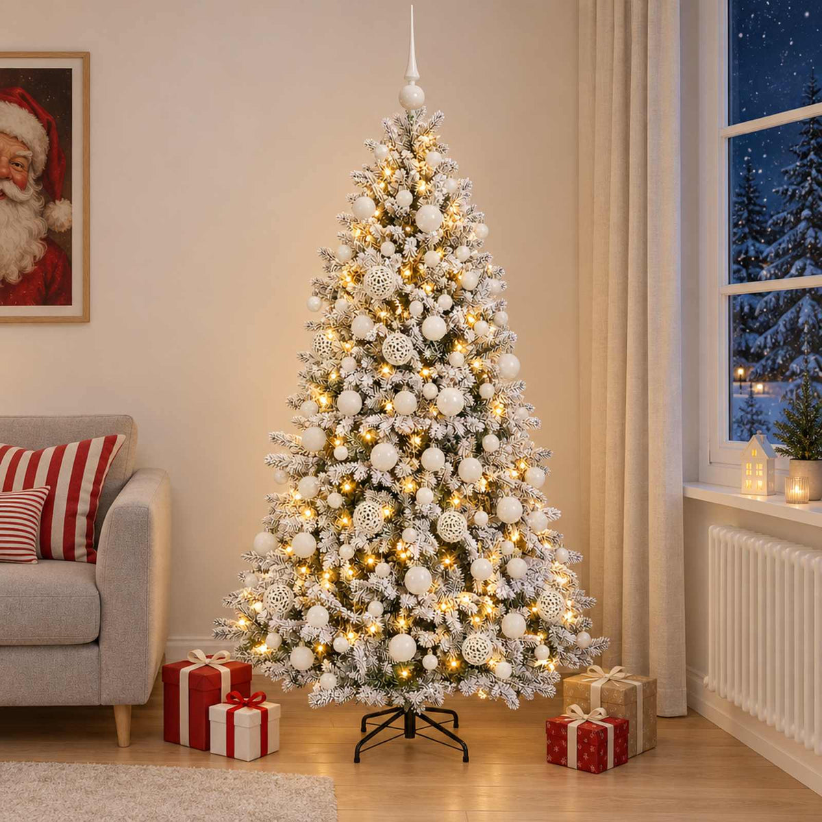 Műfenyő gömbökkel 210 cm 300 LED Meleg fehér PVC és fém