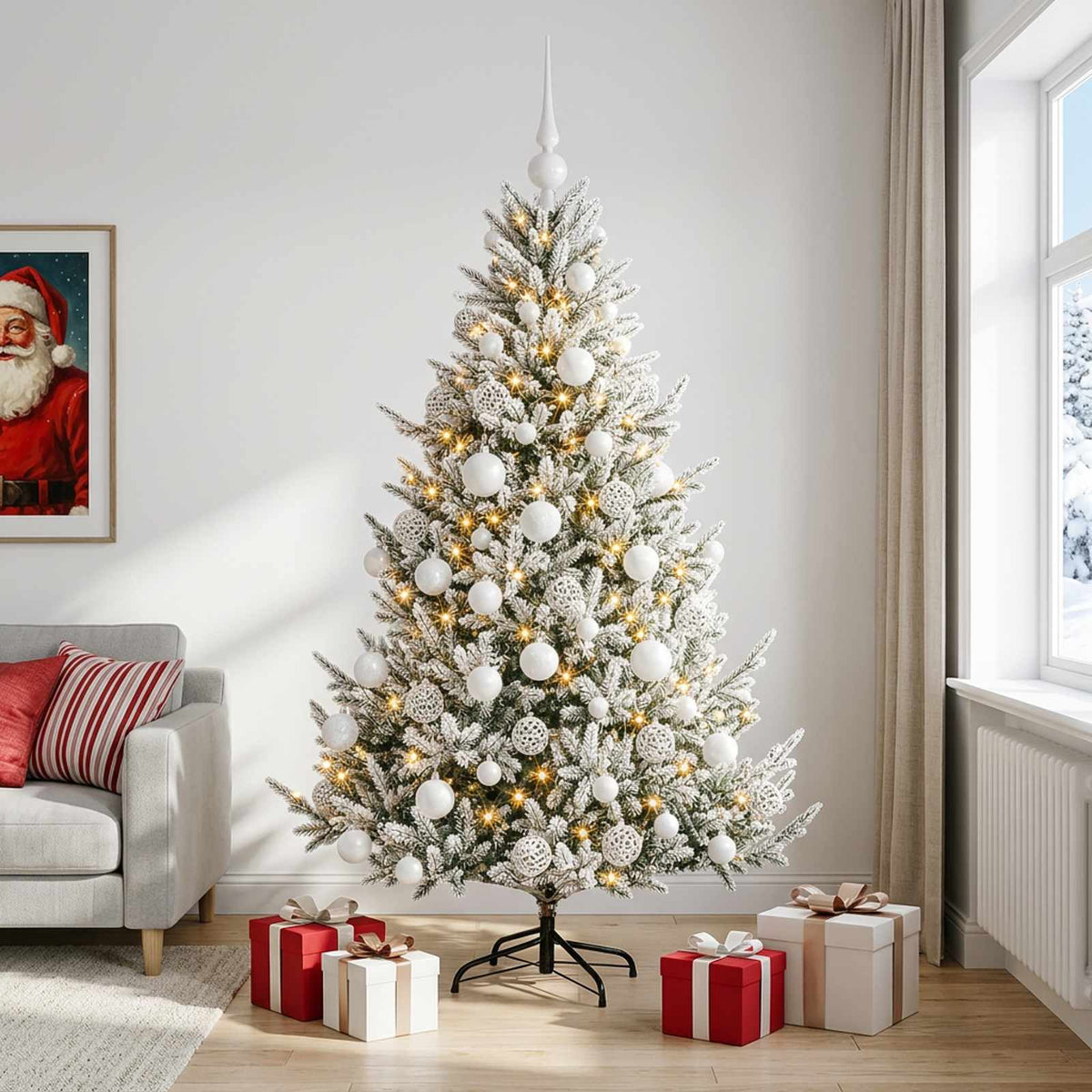Műkarácsonyfa gömbbel 210 cm 300 LED Meleg fehér PVC és fém
