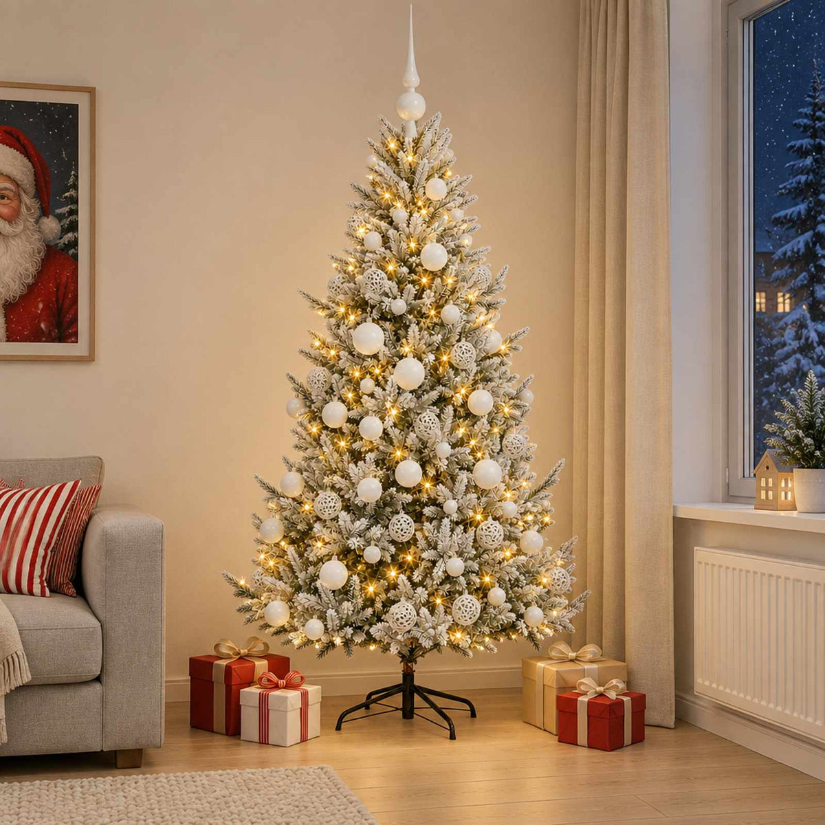 Műkarácsonyfa gömbbel 210 cm 300 LED Meleg fehér PVC és fém