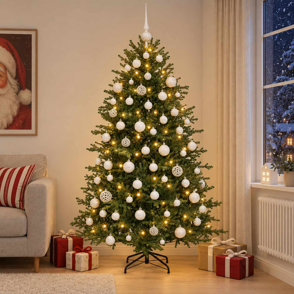 Műkarácsonyfa gömbbel 210 cm 300 LED Meleg fehér PVC és fém
