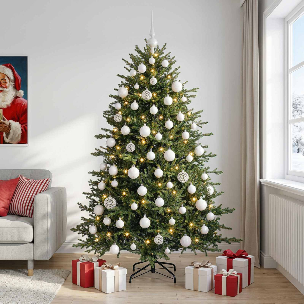 Műkarácsonyfa gömbbel 210 cm 300 LED Meleg fehér PVC és fém