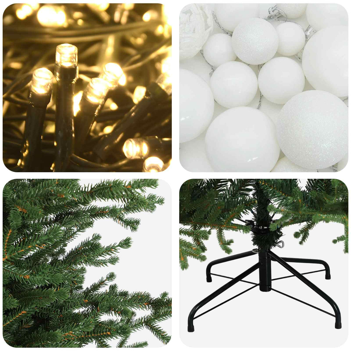 Műkarácsonyfa gömbbel 210 cm 300 LED Meleg fehér PVC és fém