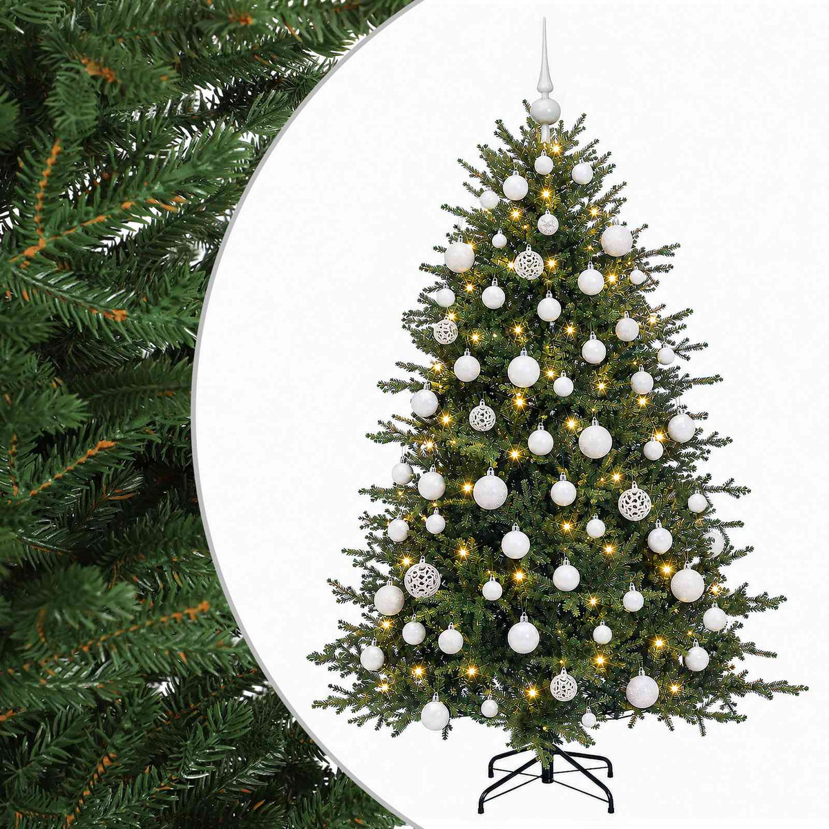 Műkarácsonyfa gömbbel 210 cm 300 LED Meleg fehér PVC és fém