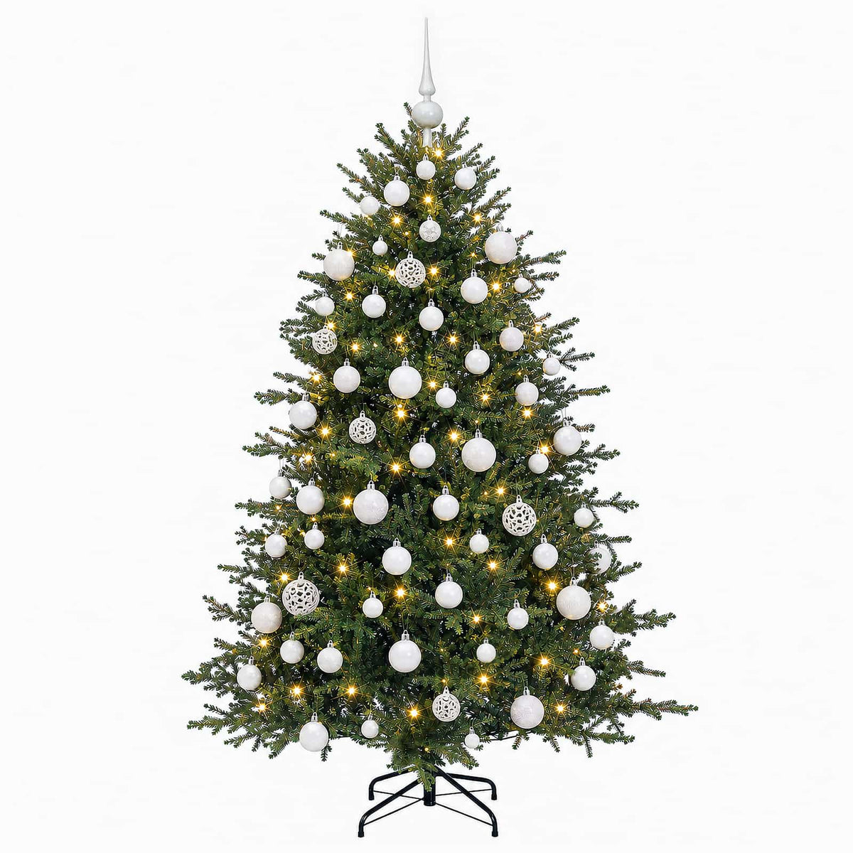 Műkarácsonyfa gömbbel 210 cm 300 LED Meleg fehér PVC és fém