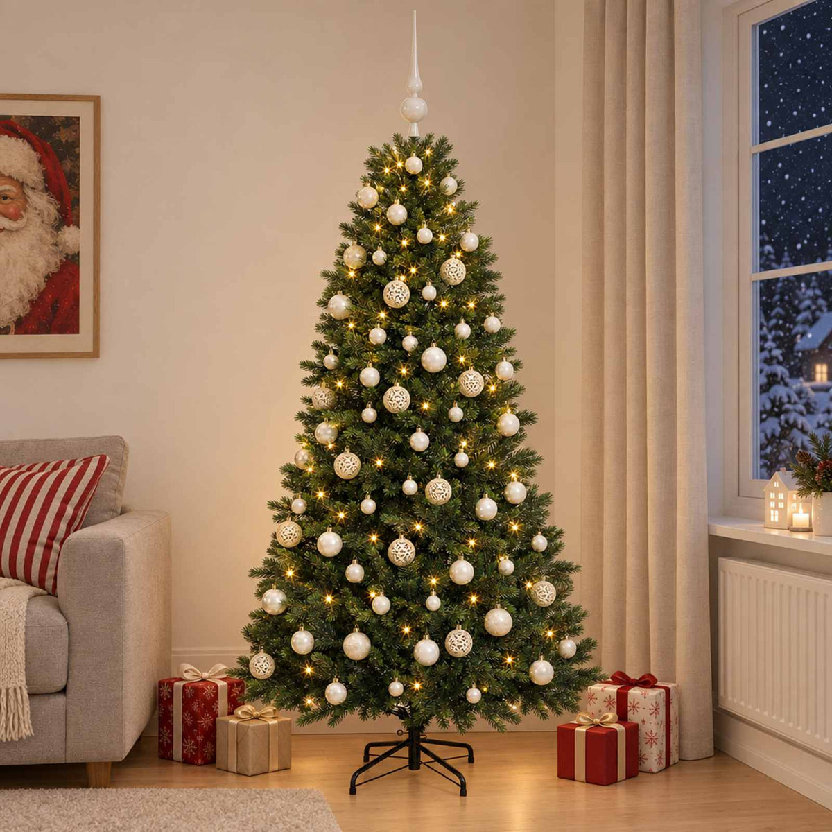 Műfenyő gömbökkel 240 cm 300 LED Meleg fehér PVC és fém Zöld