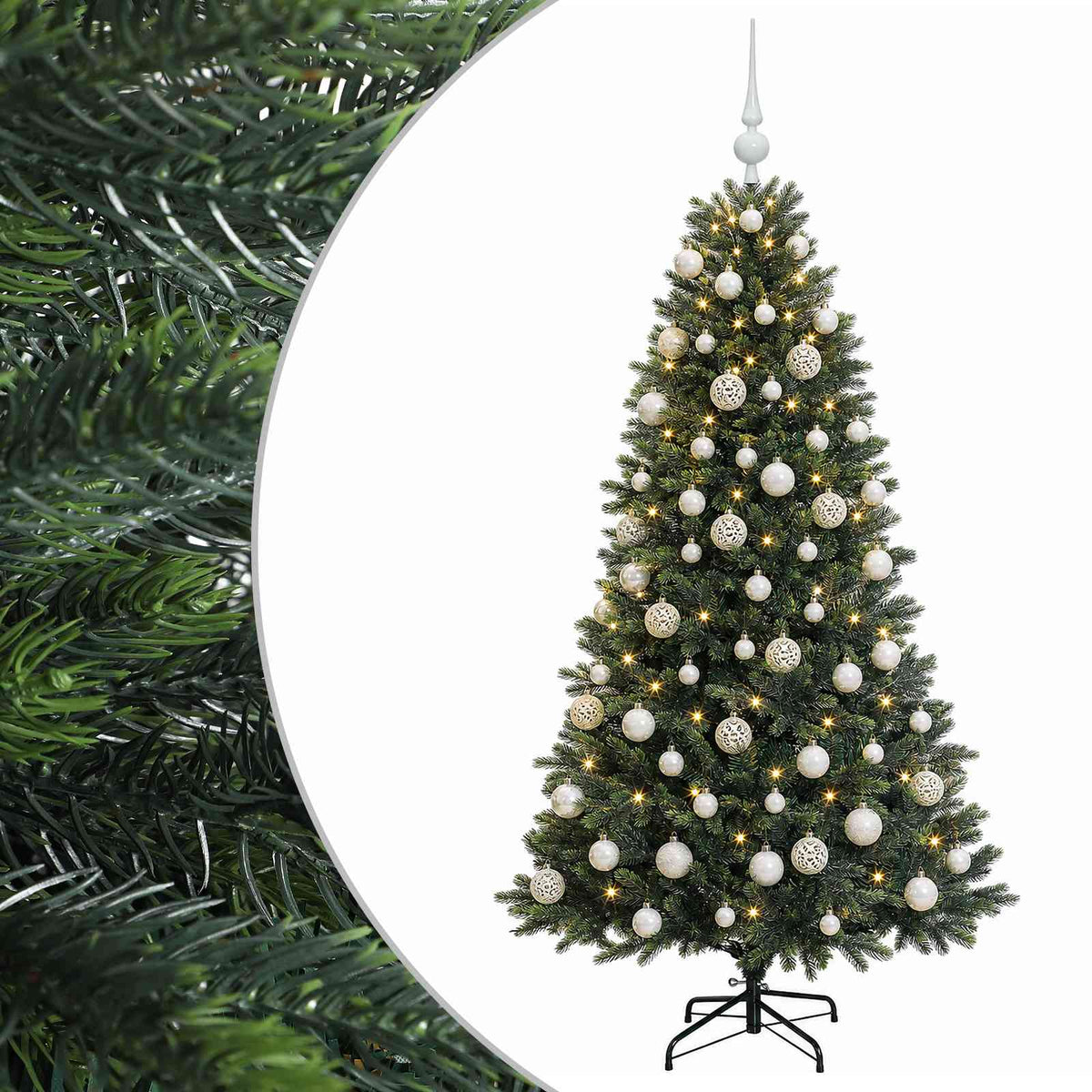 Műfenyő gömbökkel 180 cm 300 LED Meleg fehér PVC és fém Zöld
