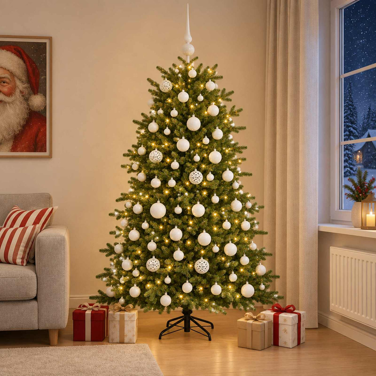 Műkarácsonyfa gömbbel 180 cm 300 LED Meleg fehér PVC és fém