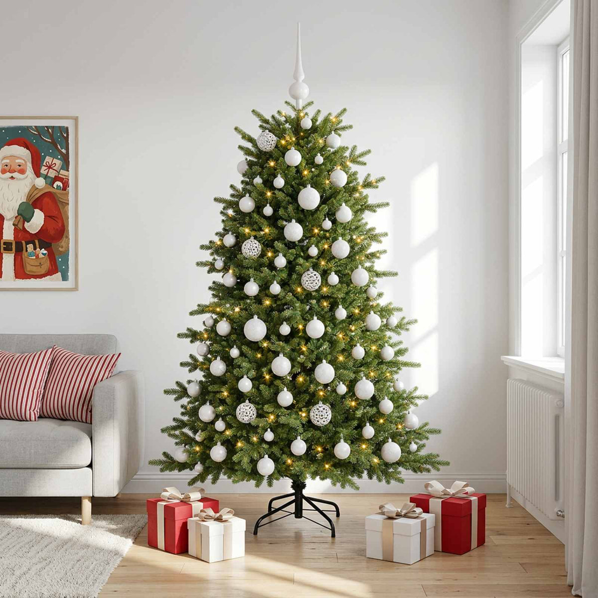 Műkarácsonyfa gömbbel 180 cm 300 LED Meleg fehér PVC és fém