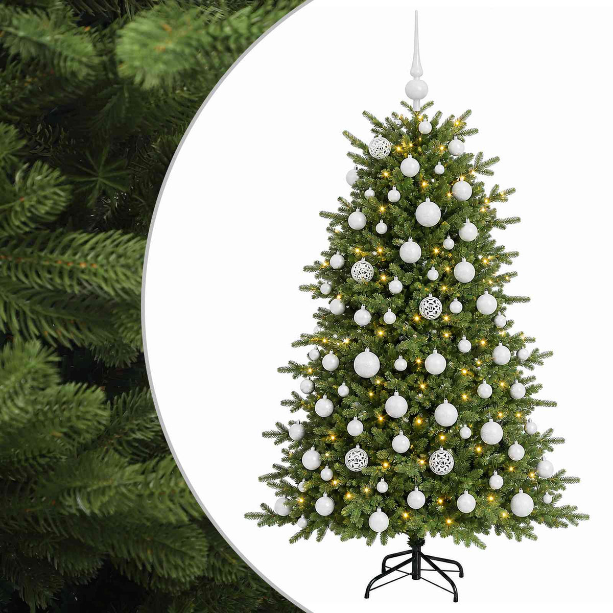 Műkarácsonyfa gömbbel 180 cm 300 LED Meleg fehér PVC és fém