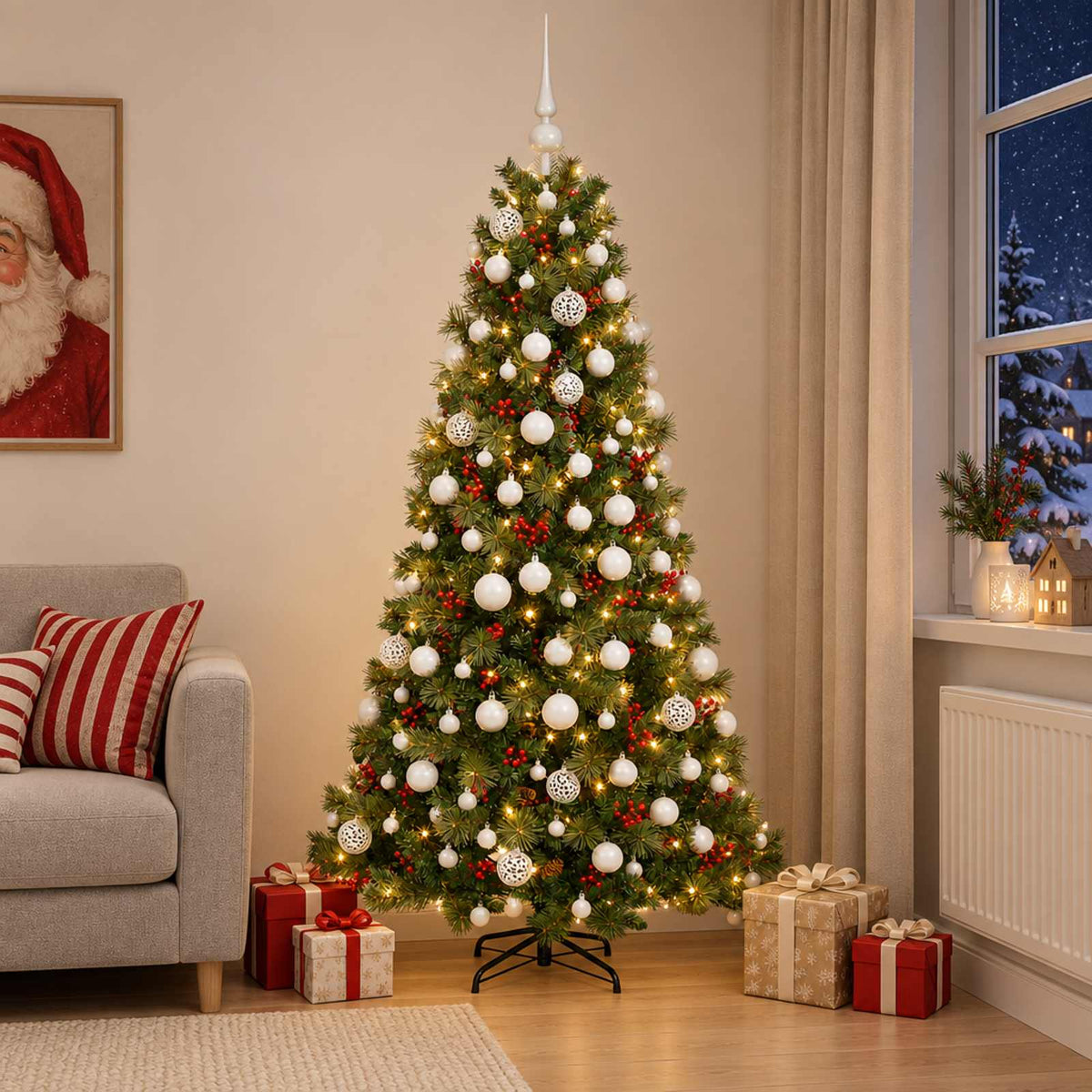 Műkarácsonyfa gömbbel 180 cm 300 LED Meleg fehér PVC és fém