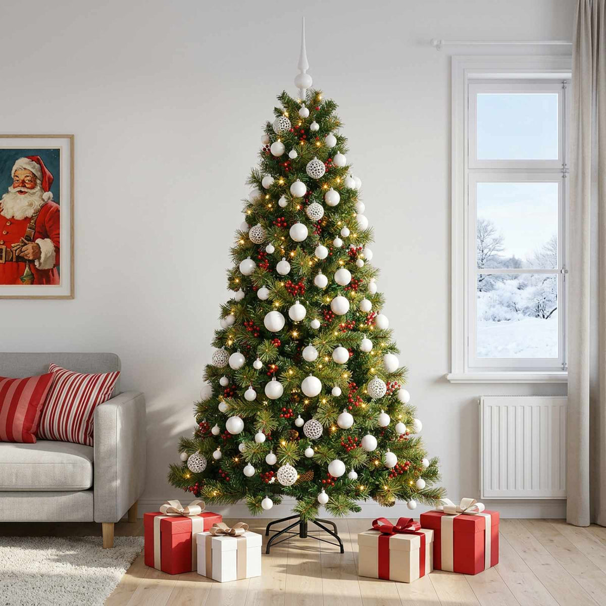 Műkarácsonyfa gömbbel 180 cm 300 LED Meleg fehér PVC és fém