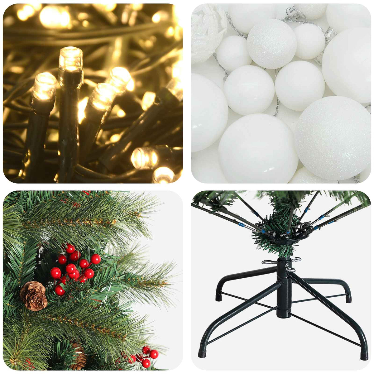 Műkarácsonyfa gömbbel 180 cm 300 LED Meleg fehér PVC és fém