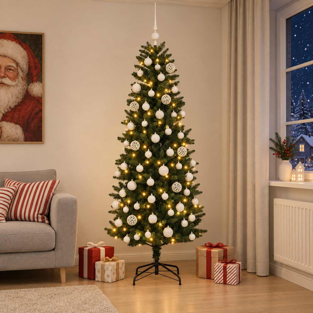 Műfenyő gömbökkel 180 cm 300 LED Meleg fehér PE és PVC Green