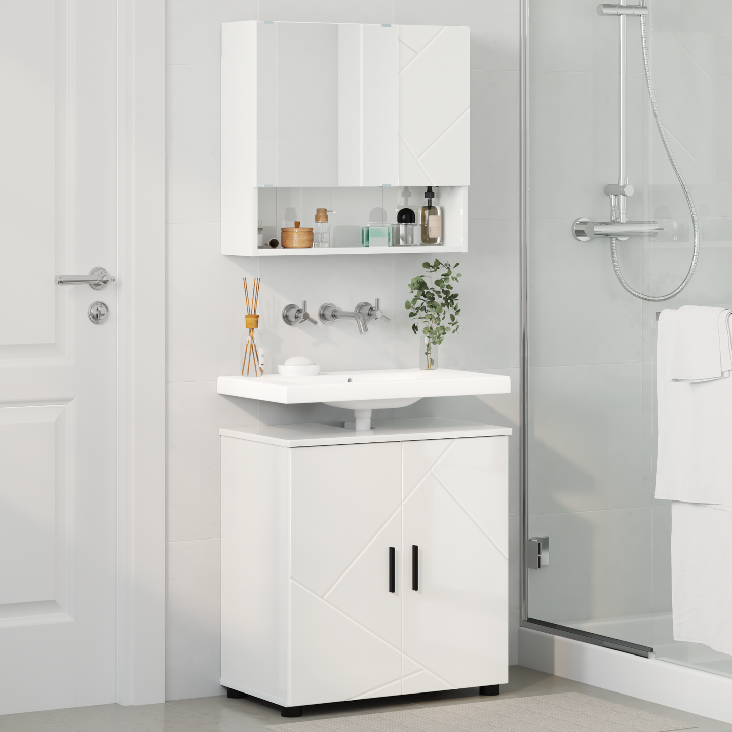 Fürdőszoba bútor szett 2 pcs Magas Fényű Fehér Faanyag & Fém