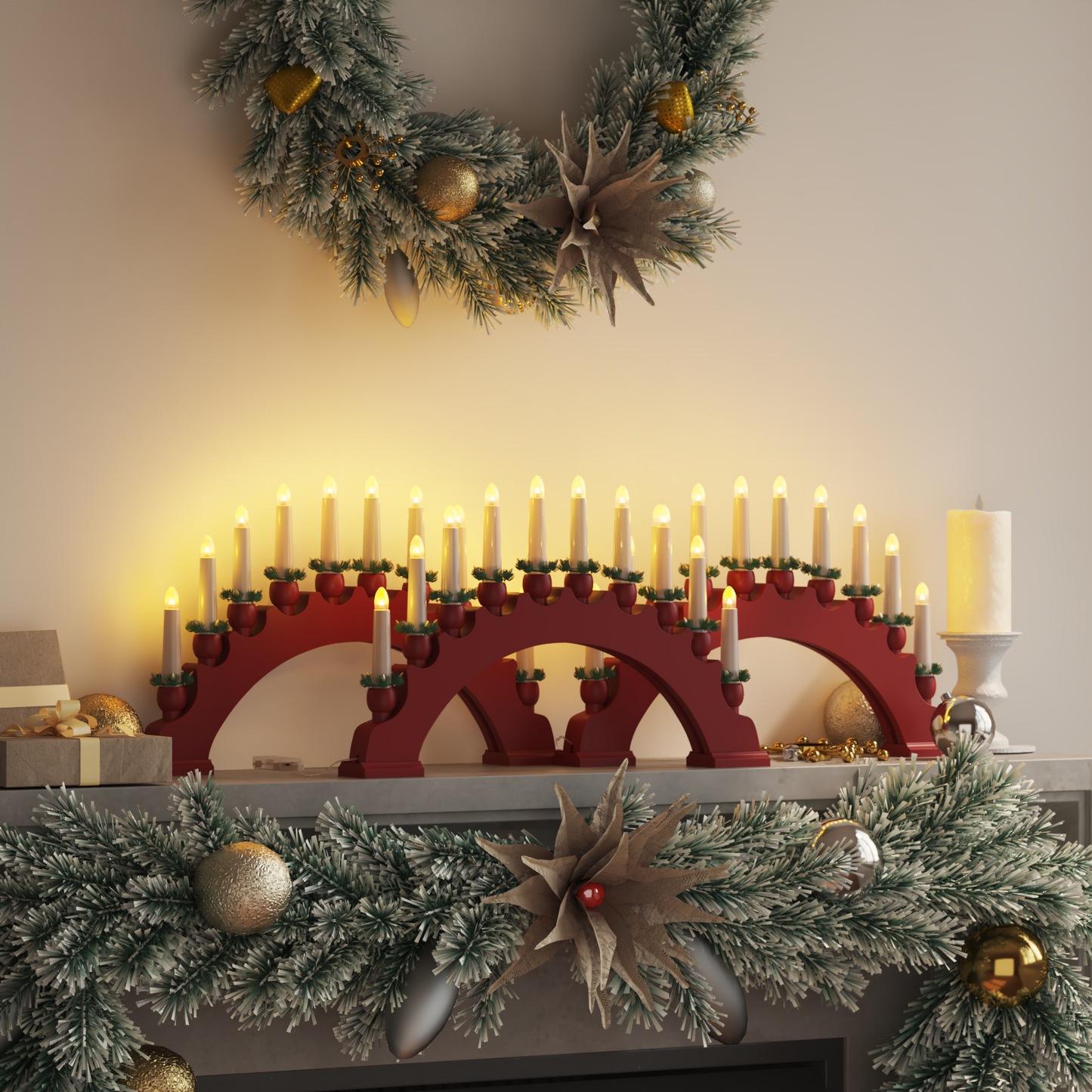 Karácsonyi gyertyatartó ív 10 LED gyertyával 3 pcs Piros