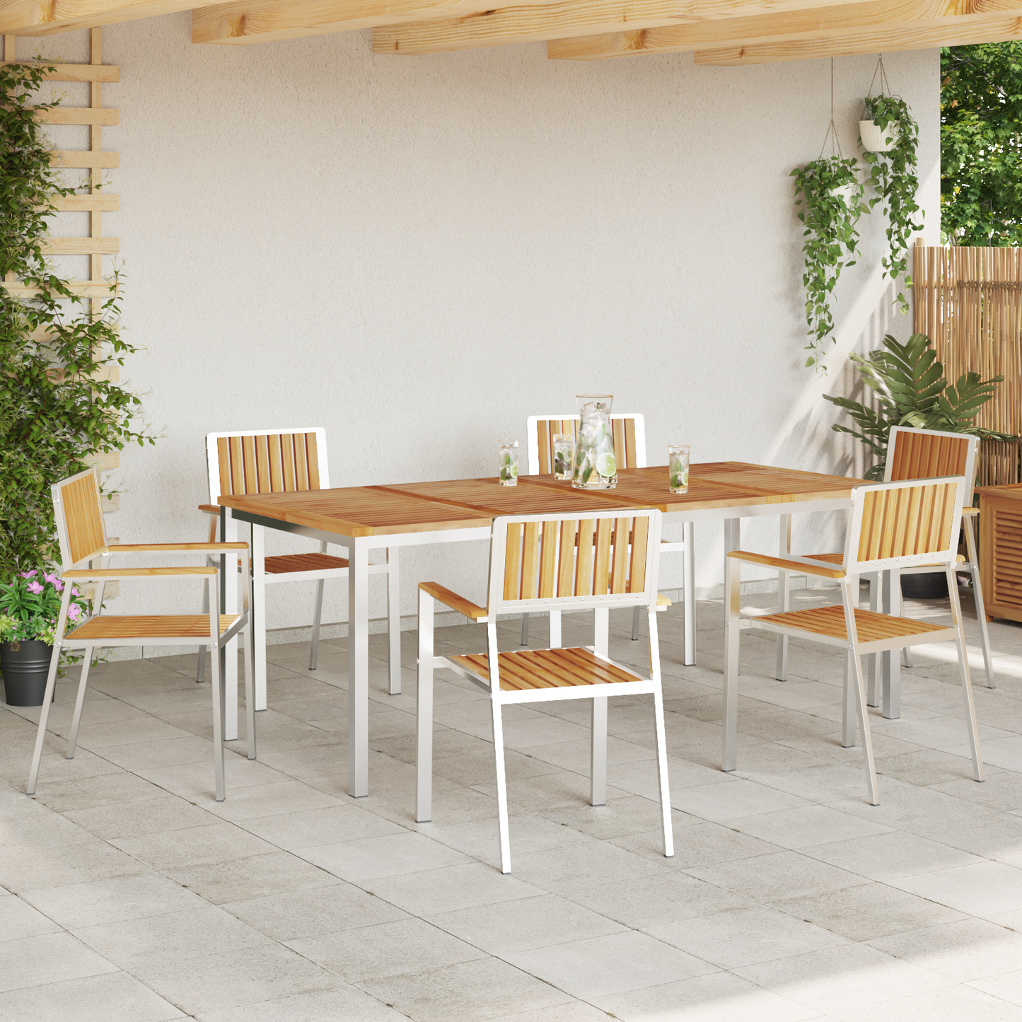 Kültéri étkező szett 7 pcs Tömör teakfa és rozsdamentes acél