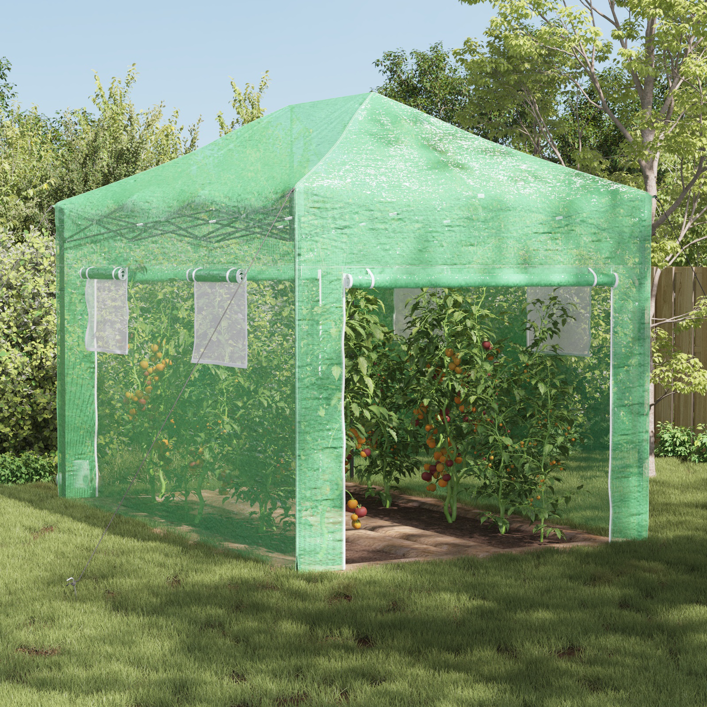 Üvegház pop-up kerettel tetővel Zöld 280 x 410 x 315 cm Vas