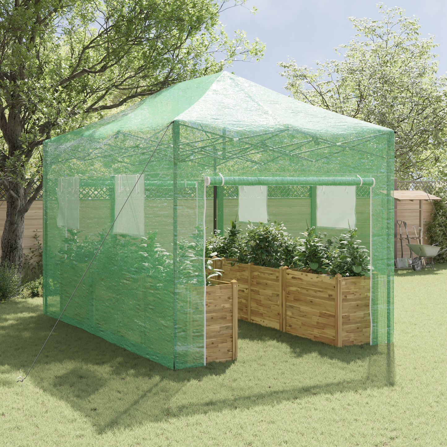 Üvegház pop-up kerettel tetővel Zöld 280 x 410 x 315 cm Vas