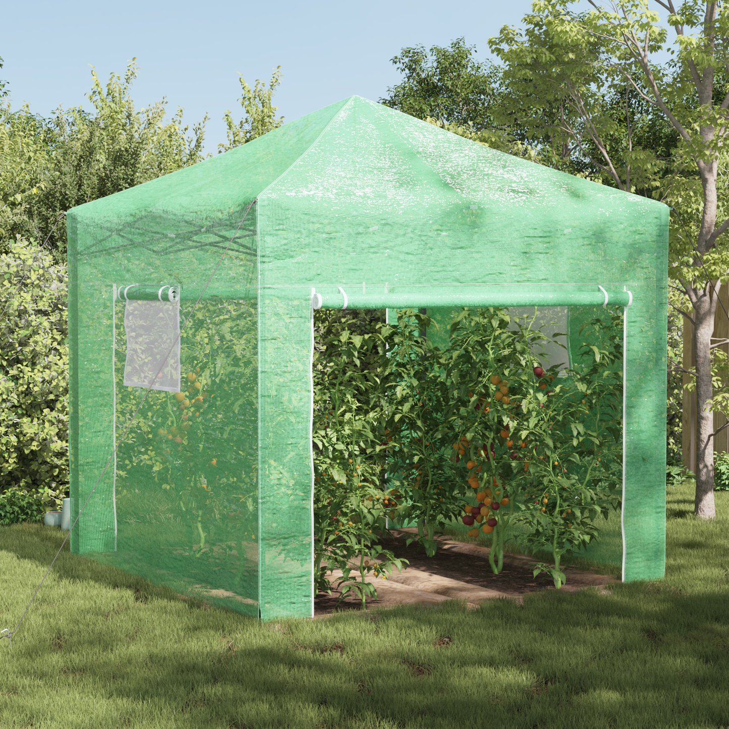 Üvegház pop-up kerettel tetővel Zöld 290 x 290 x 315 cm Vas