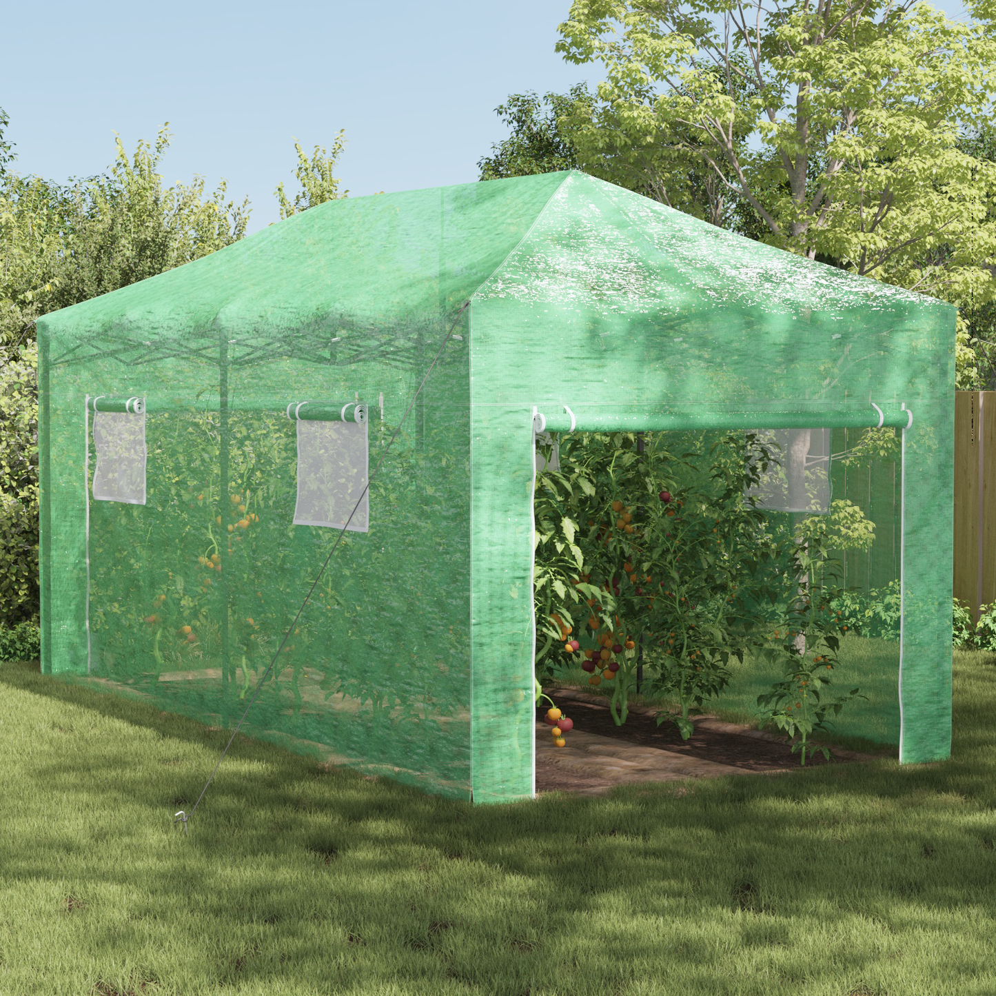 Üvegház pop-up kerettel tetővel Zöld 290 x 580 x 315 cm Vas