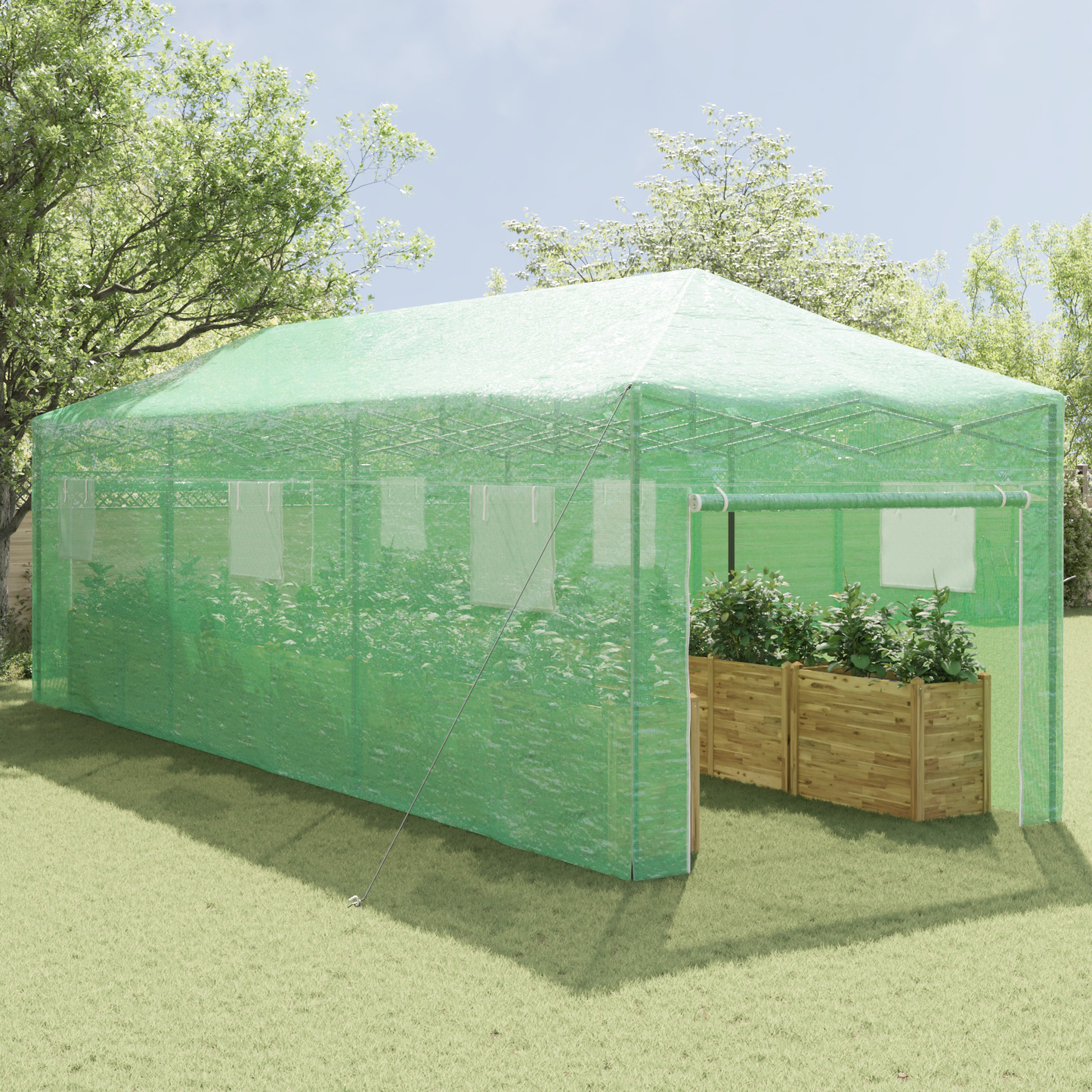 Üvegház pop-up kerettel tetővel Zöld 290 x 870 x 315 cm Vas