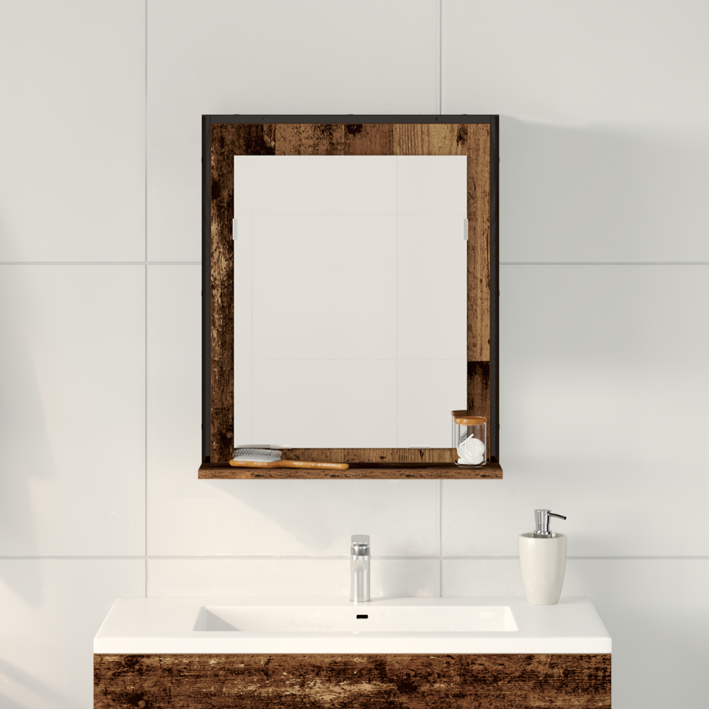 Tükör polcokkal Régi fa 50 x 12 x 60 cm Üveg és Műszaki Fa