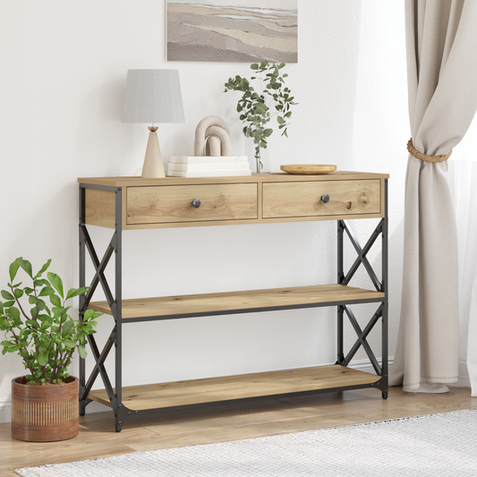 Konzol Asztal fiókkal polcokkal kézműves tölgy 100 x 28 x 75 cm